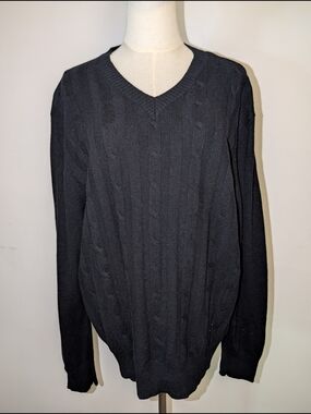 Men's V-Neck 100% Wool Black Cable Knit Sweater